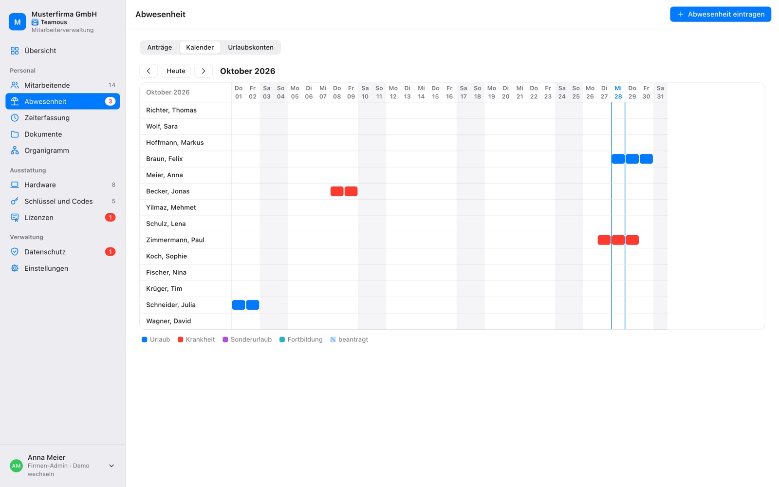 Teamkalender mit Urlaub und Krankheit