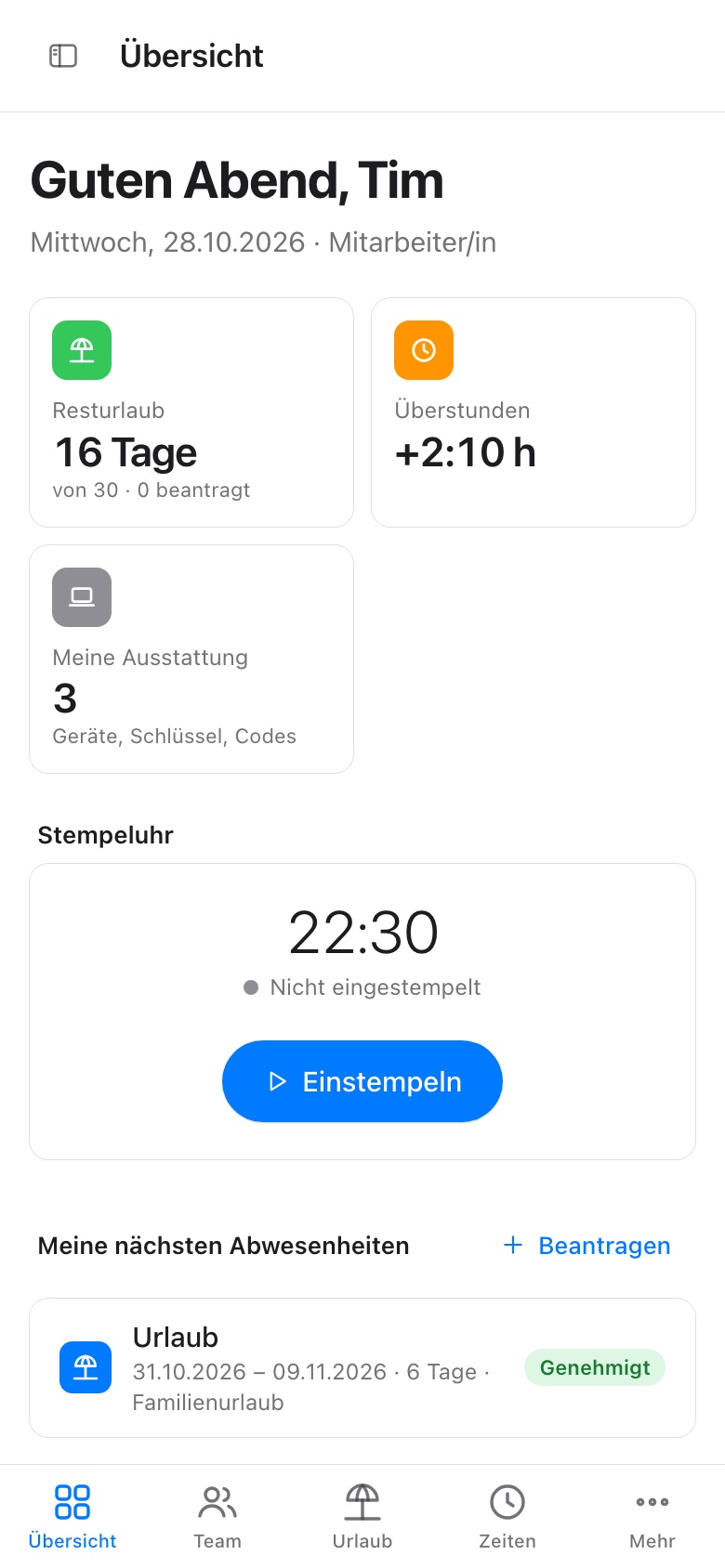 Teamous auf dem Smartphone mit Resturlaub, Überstunden und Stempeluhr