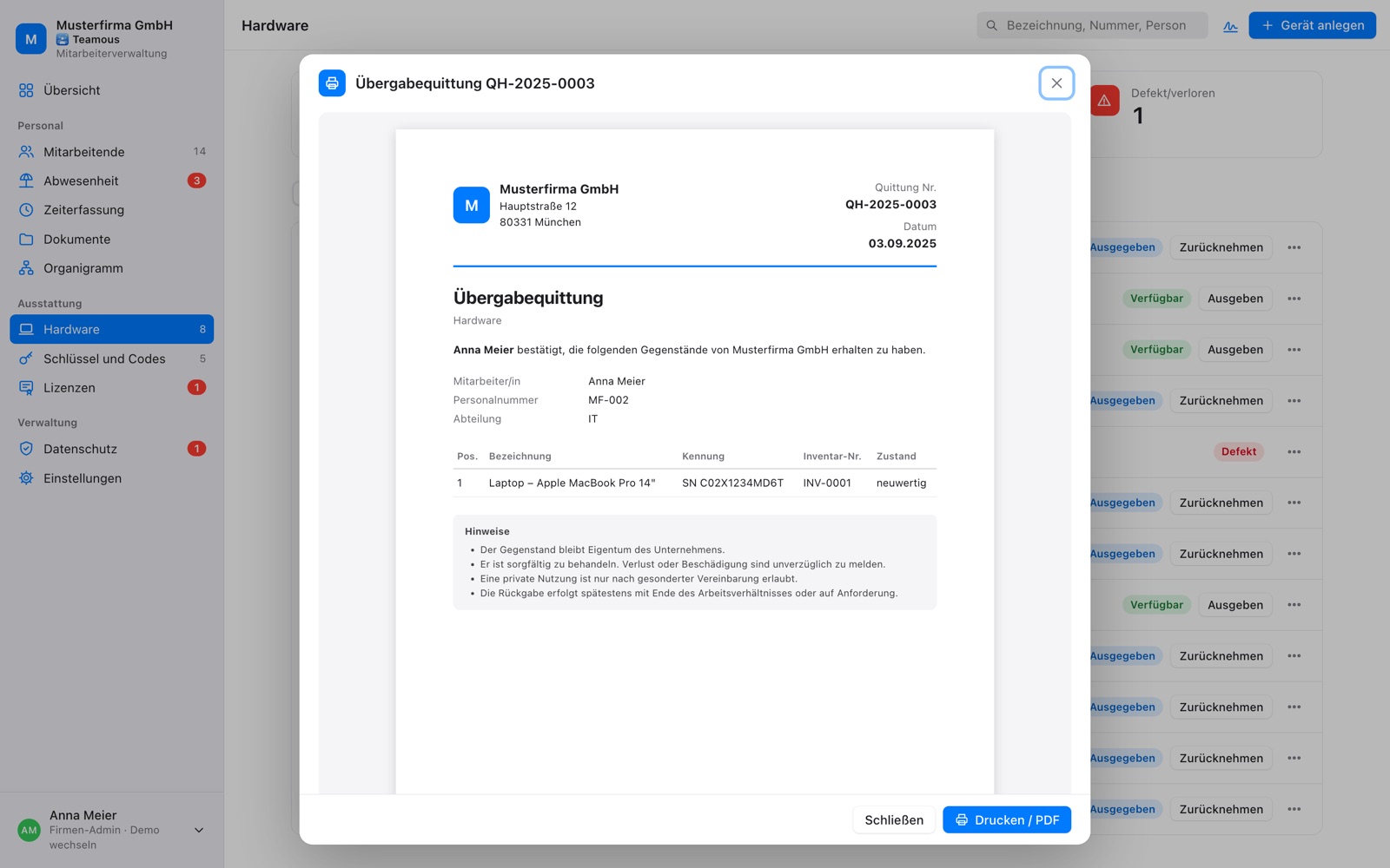 Übergabequittung für einen Laptop